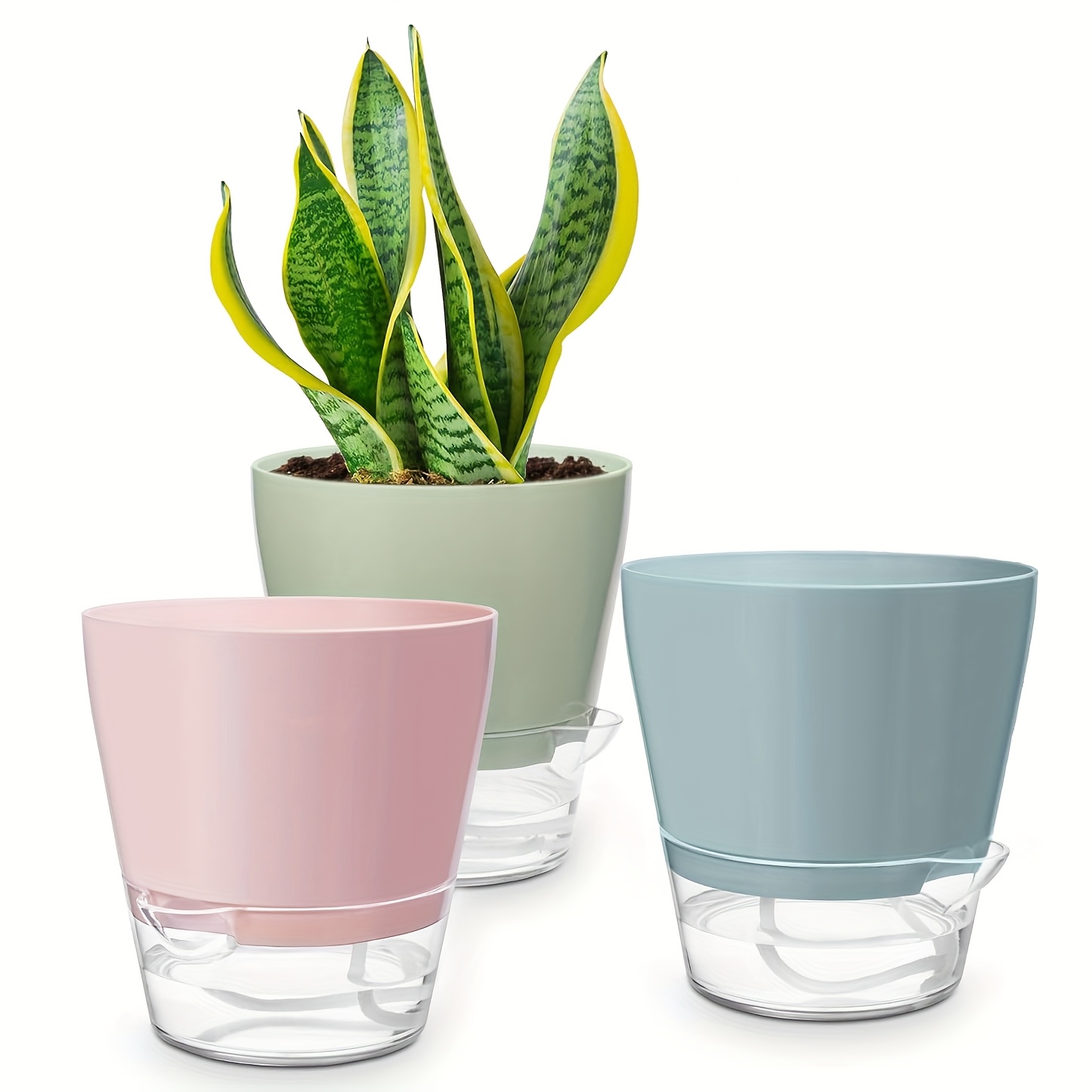 Image of 3pcss Set Of Flower Pots, 6 Inches (. 15.2 Cm) 3pcss Set, Self-watering Pots For Indoor And Outdoor, Self-watering Pots With Drainage Holes And Transparent Tray Reservoir Gardening Gift Home Decor