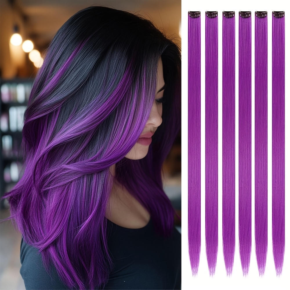 E-shop 6 Stk. Clip-in Haarverlängerungen, lila Haare, farbige Party-Strähnen-Verlängerung für Kinder Mädchen, synthetisches Haarteil, glatt, 24 Zoll