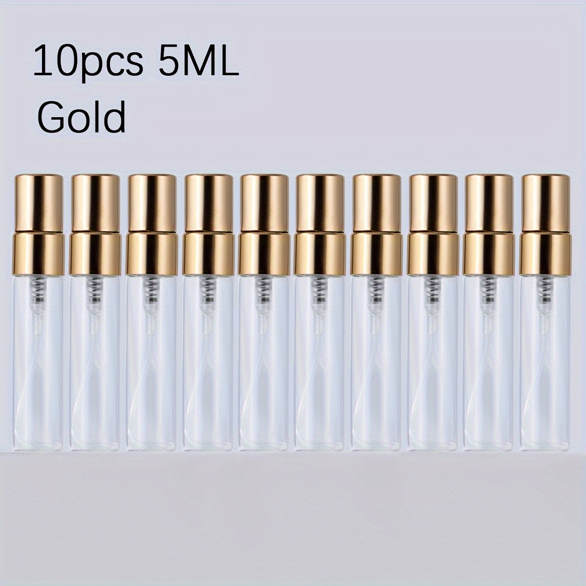 E-shop Set mit 10 tragbaren, durchsichtigen Parfümflaschen aus Glas in den Größen 2 ml, 3 ml, 5 ml und 10 ml, mit Aluminium-Vernebelern und goldenen