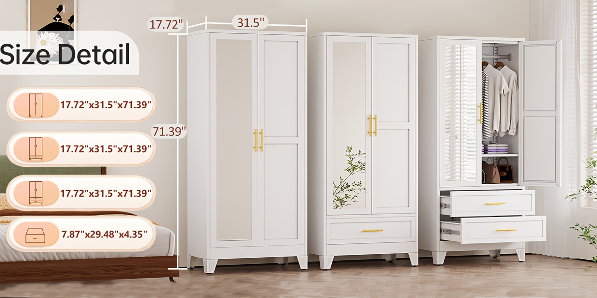 Bedroom with Mirror Wardrobe, 71 Inch High Wardrobe with Drawers, Clothing Storage Cabinet with Adjustable Shelves And Hangers
