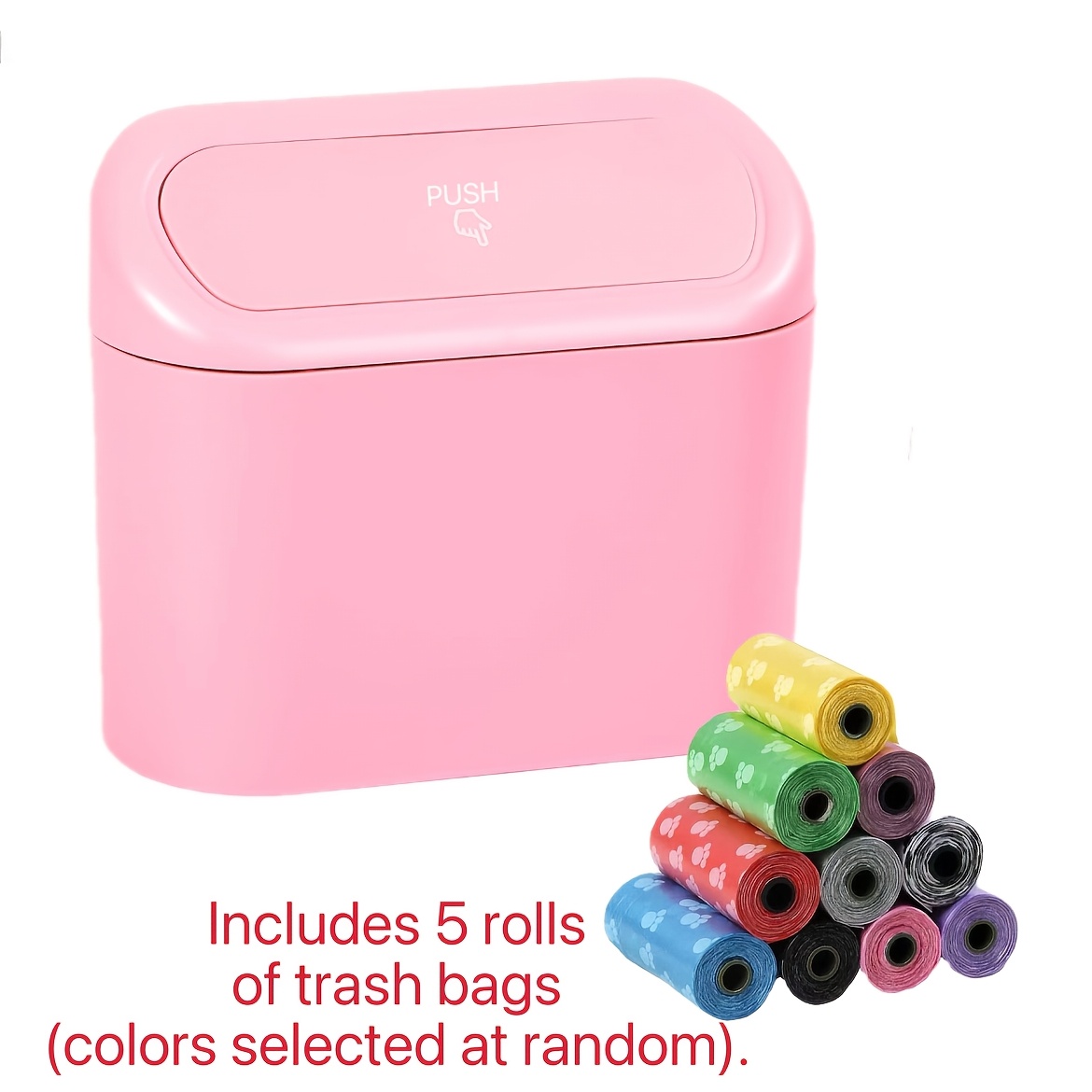 TEMU Pink Trash Can For Office Desks Car Trash Can With Lid, Mini Auto With 5 Rolls Trash Bags, Leakproof Automotive Garbage Container Bin,