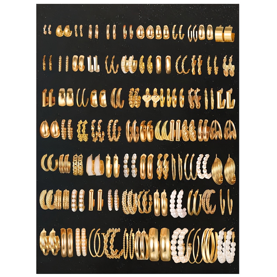 [Golden Earrings] 36/48pcs Golden Retro Fashion Earrings Set | Smooth Twisted Faux Imitation Pearl Exaggerated Elegant Daily and Festive Accessories for Women