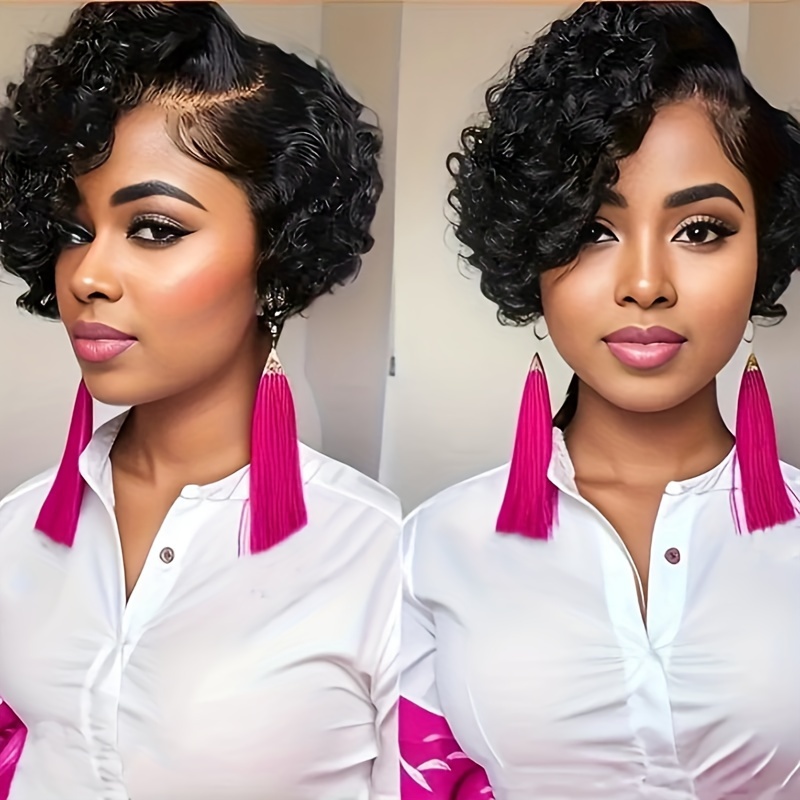 TEMU 13x4x1 T Part Lace Short Cut Curly Wave Wig Human Hair Wig For Women Human Hair Wig