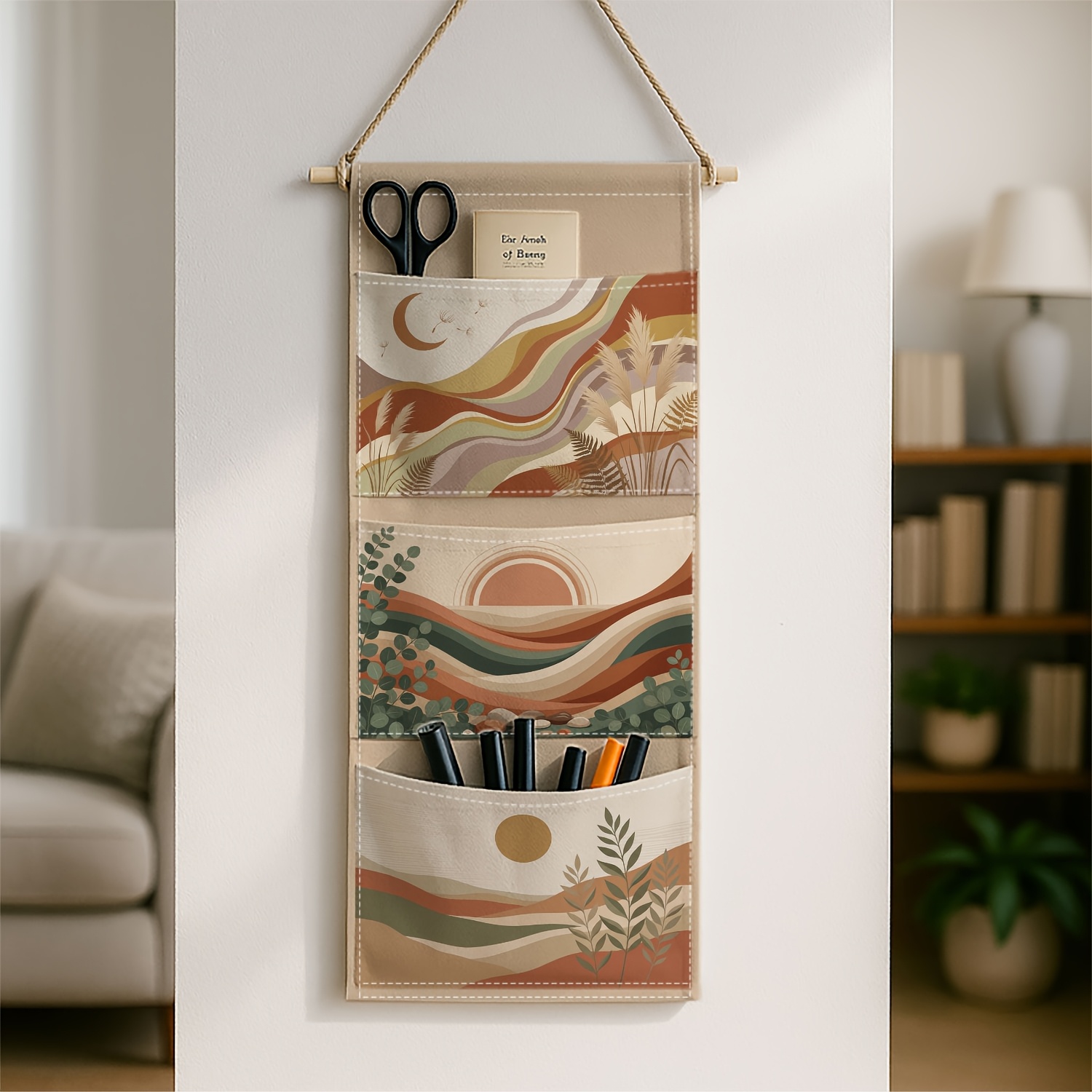 TEMU 1pc Modern Boho Wall-mounted Storage Organizer - Multi-tier Hanging Shelf Unit With Space-, Bohemian Desert Mountain & Sun/moon Patterns, Fabric