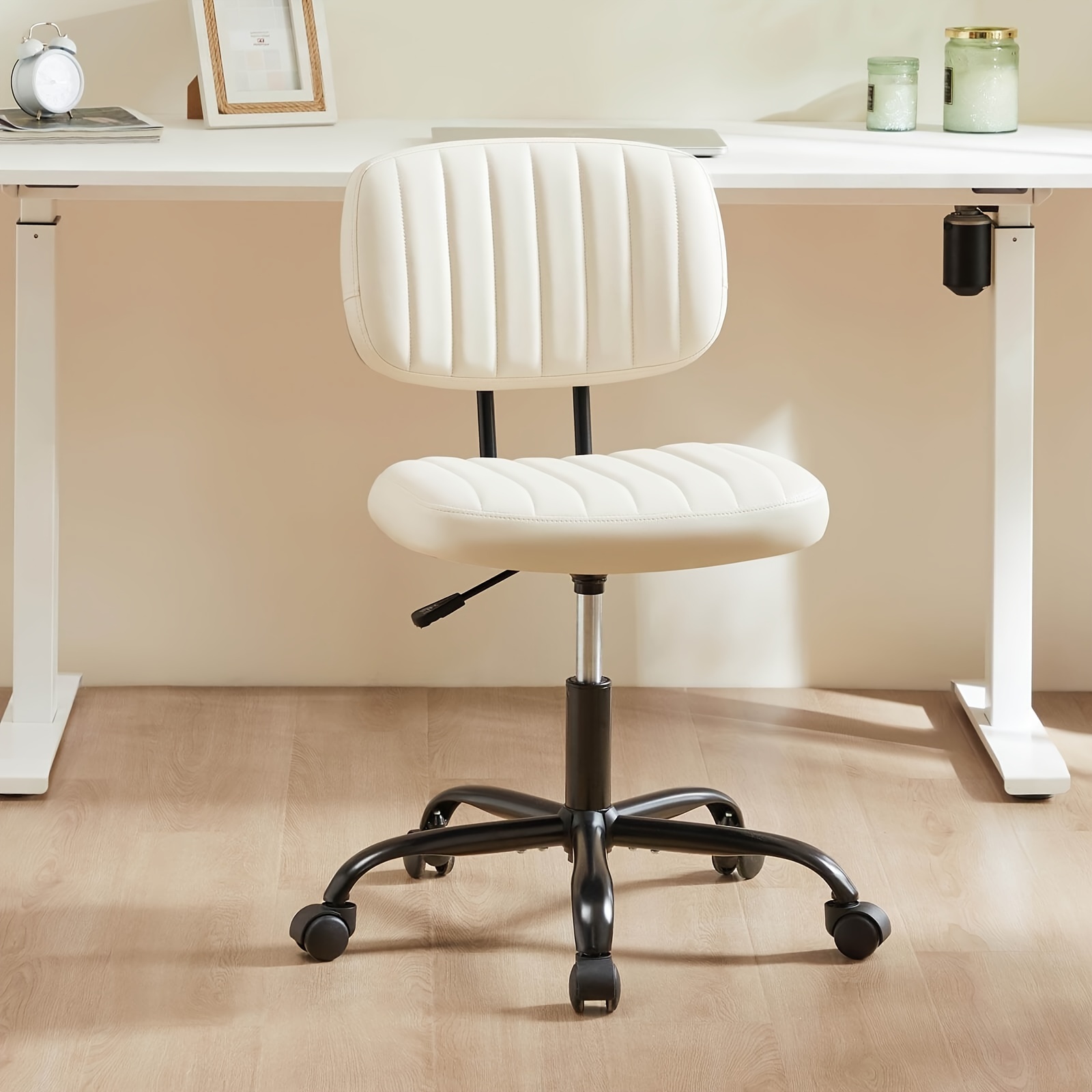 TEMU Armless Office Desk Chair With Lumbar Support- Small Space Pu Leather Task Chair With Adjustable Height, 360° Rolling Swivel, And Low - Ideal For Home Office Use Without