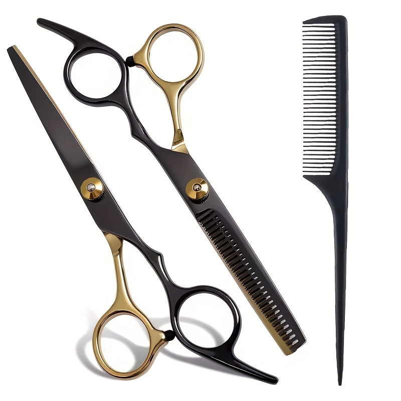 TEMU Ensemble de ciseaux de coiffure noirs et dorés de 6,5 pouces | Ciseaux de en acier inoxydable avec ciseaux effileurs, peigne à bout et pinces à