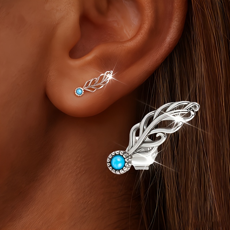 Image of 1 Pair Of Women's Stud Earrings, Elegant Vintage Synthetic Turquoise Feather Earrings For Women, Hypoallergenic, Suitable For Daily Wear, Parties, Vacations, And Gift-