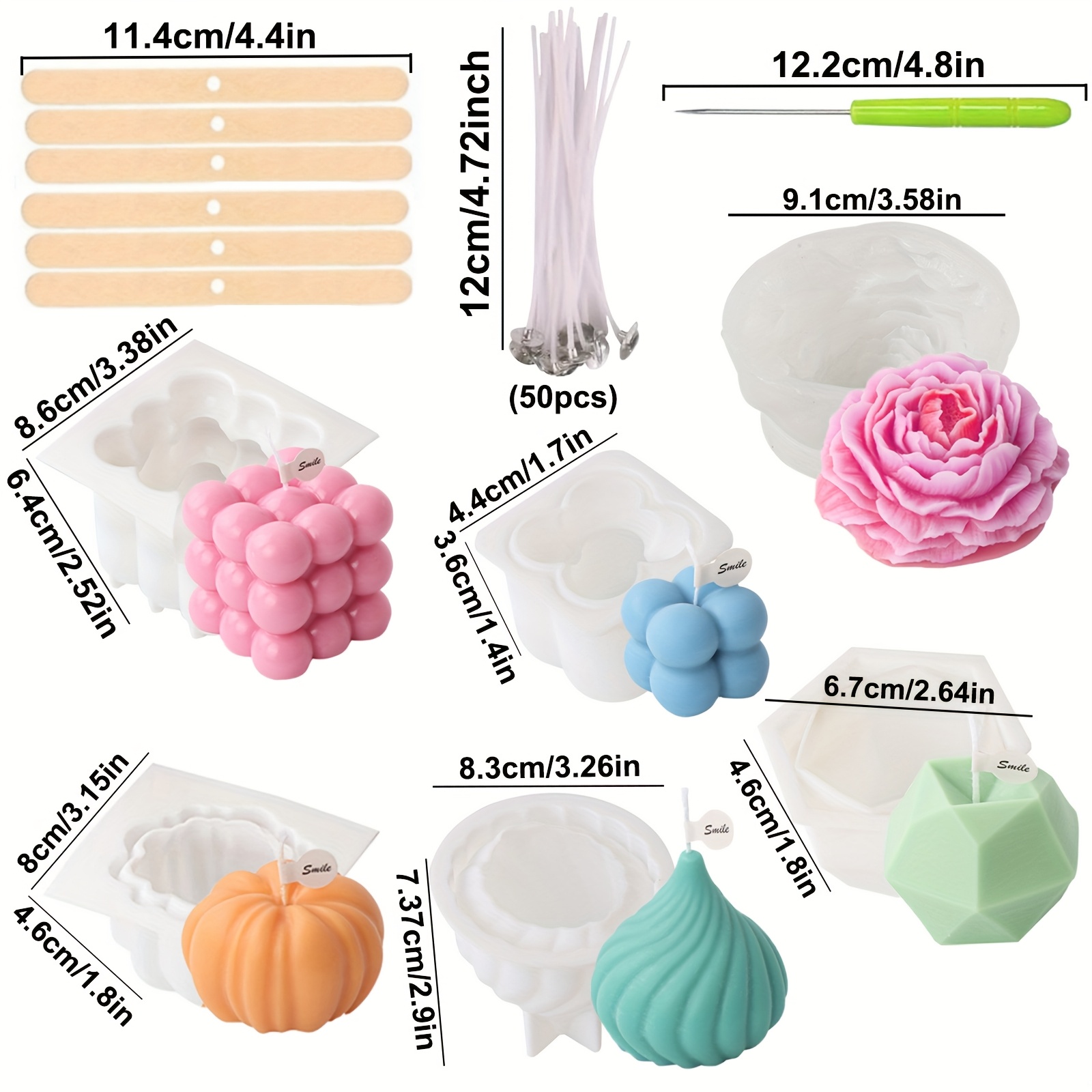 Image of 63pcs Silicone Candle Molds Set For Candle Making, Bubble Candle Mold, 3d Pumpkin Silicone Mold, Onion Soy Wax Silicone Mold (including 6 3d Candle Molds, 50 Candle Wicks, 6 Wick Holders, 1 Needle)