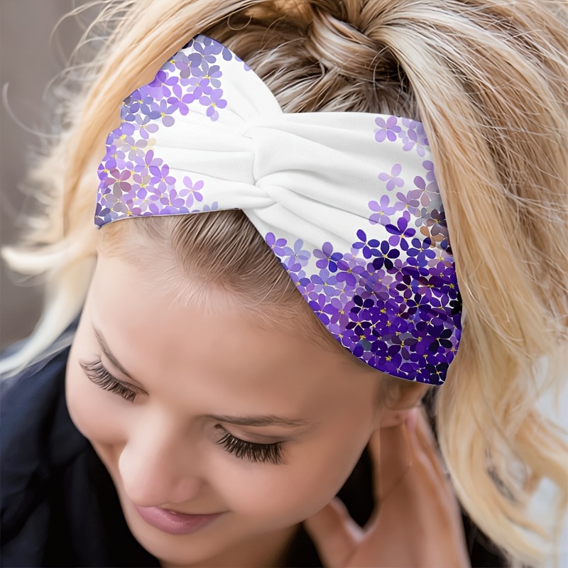 2D FLAT White Background with Purple Flower Gradient Sequin Pattern Headband, for Yoga / Gym / Running / Cycling, Travel / Outing / Beach, Wide-Brim / Fashion Hair Accessory / Sweat-Absorbent / Elastic / Knotted Design, Valentine's Day, 2D Flat