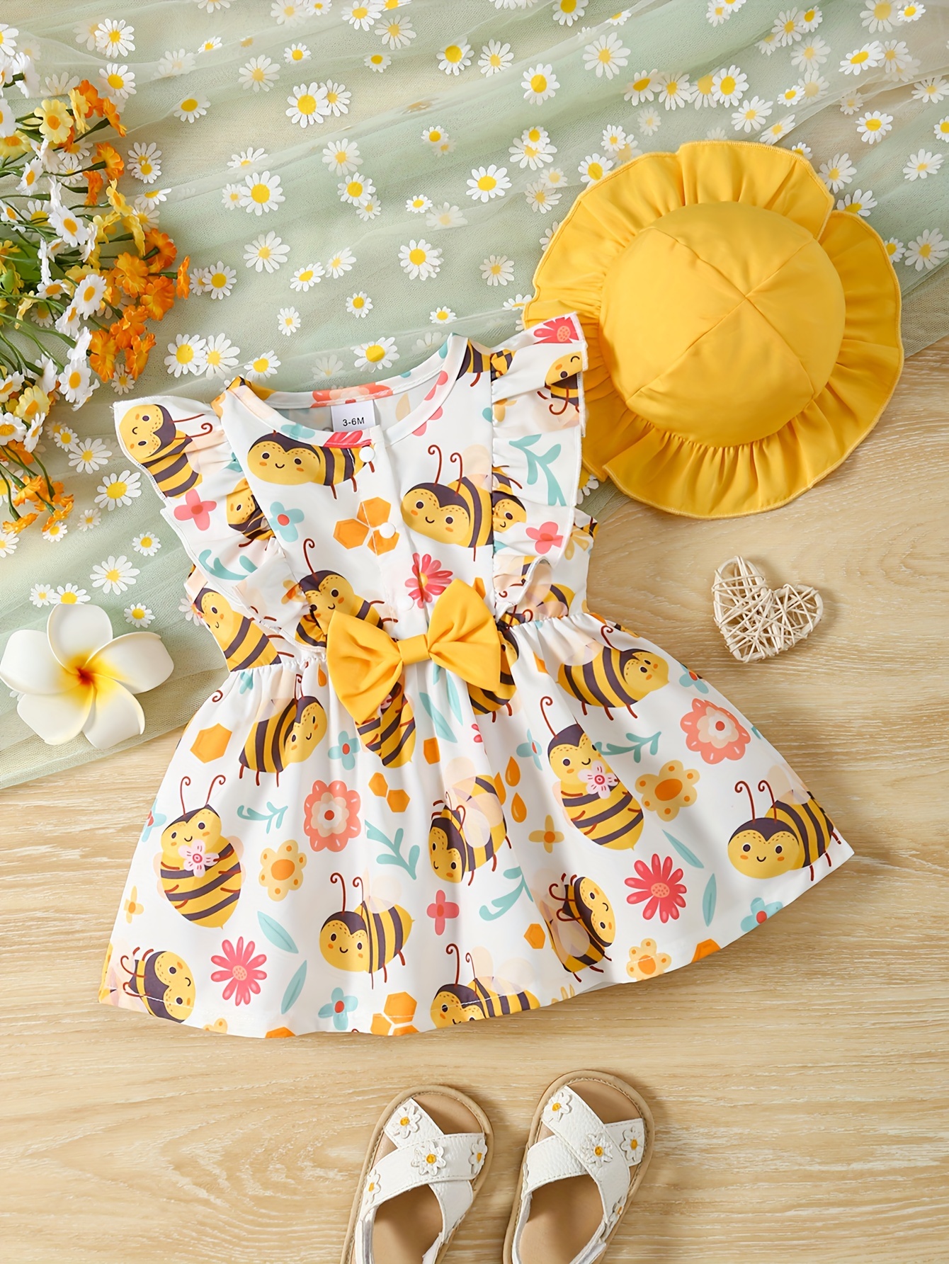 Piezas Conjunto de Vestido y Sombrero con Estampado de y Abejorros  Vestido sin con Volantes y Traje Lavable a Máqui