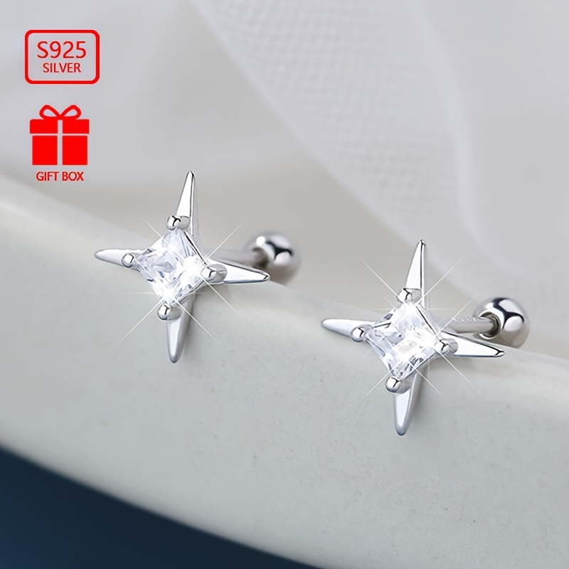 

Vana Elegant Simple Star-shaped 925 Sterling Silver Stud Earrings, 2pc Synthetic Cubic Zirconia Ear Studs For Women, No Plating, Daily And Gift Wear, Versatile Screw Back Design