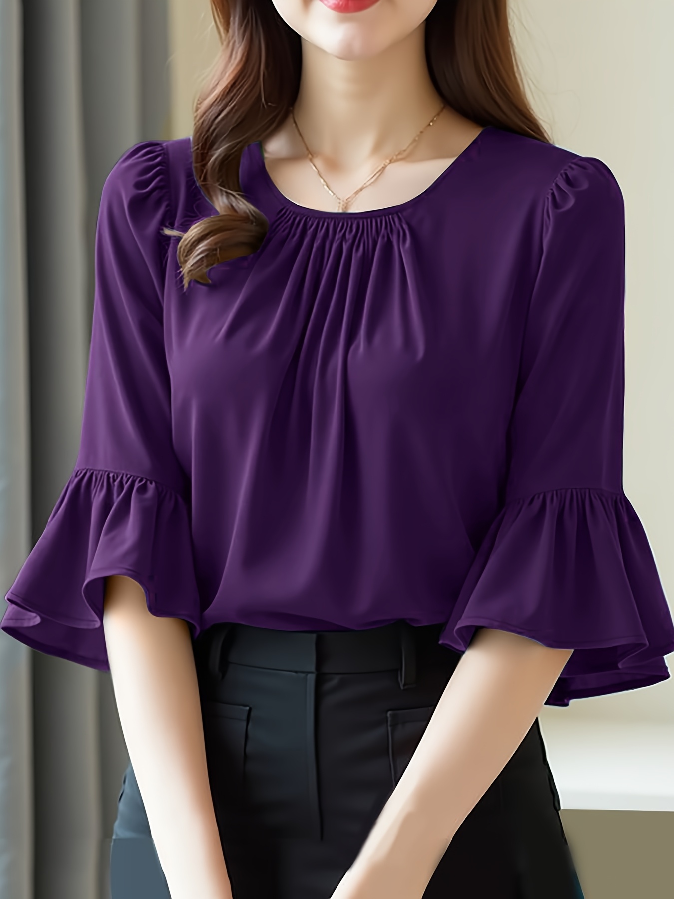 womens fashion elegant casual outing ruched solid loose three quarter sleeve womens top