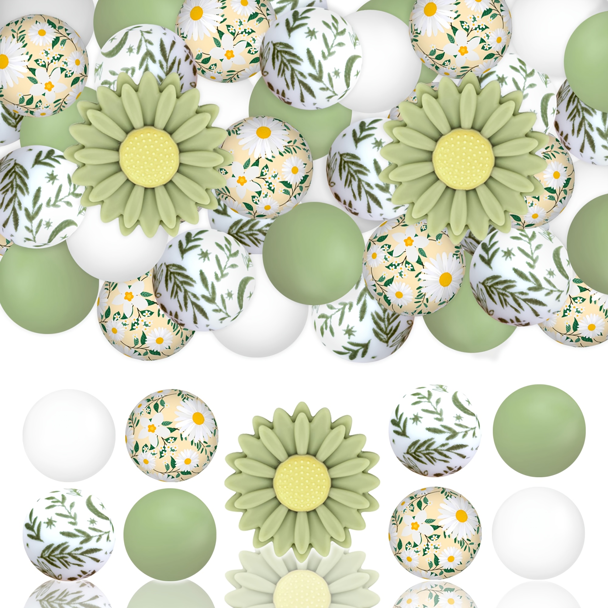 TEMU 27pcs 3d Green Daisy Bead Set, Daisy Flower Shape, Includes 15mm Sunflower Printed Round Beads, Leaf Vine Printed Round Beads, Green And White
