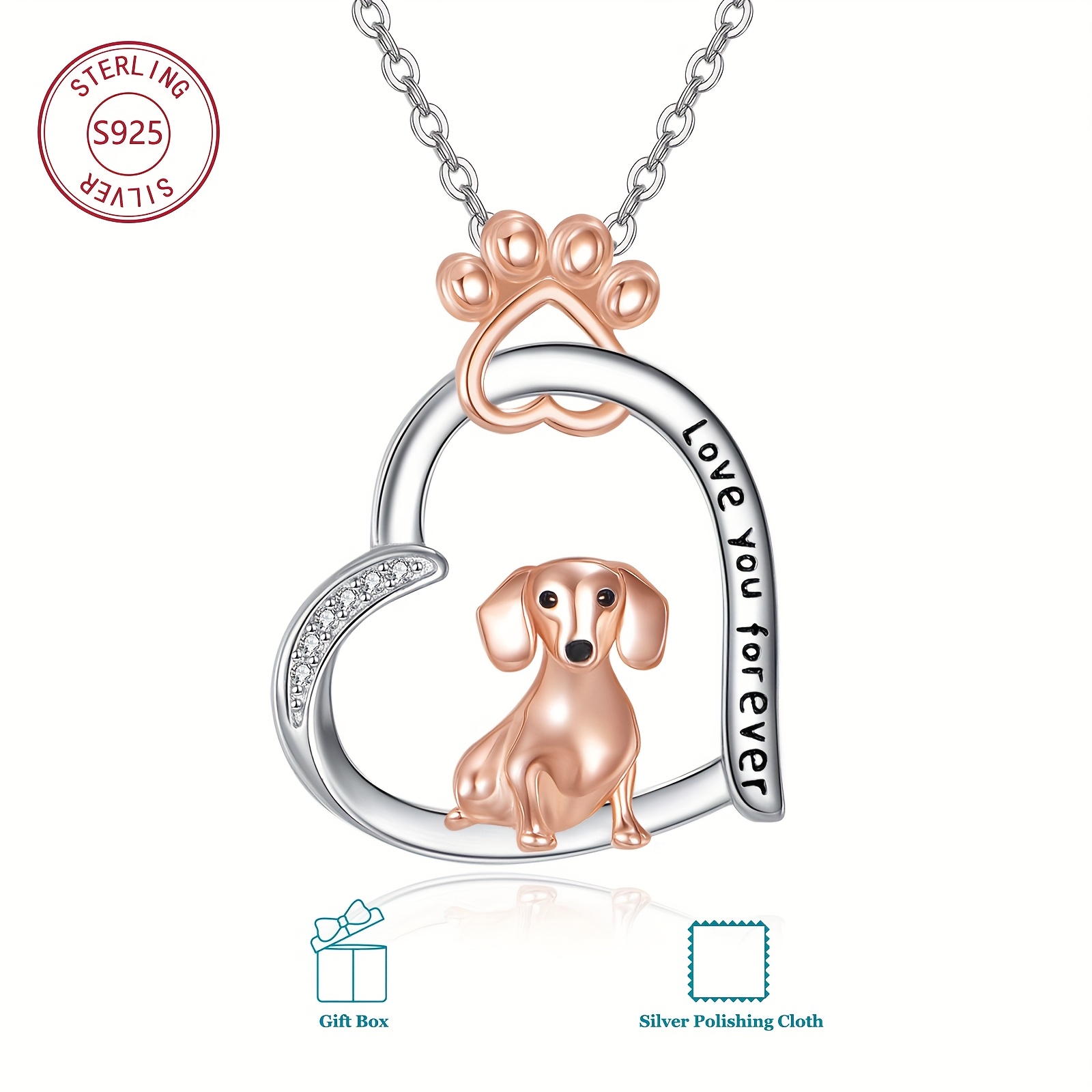 925 Sterling Silver Heart Dachshund Necklace, Gift for Dog Lovers