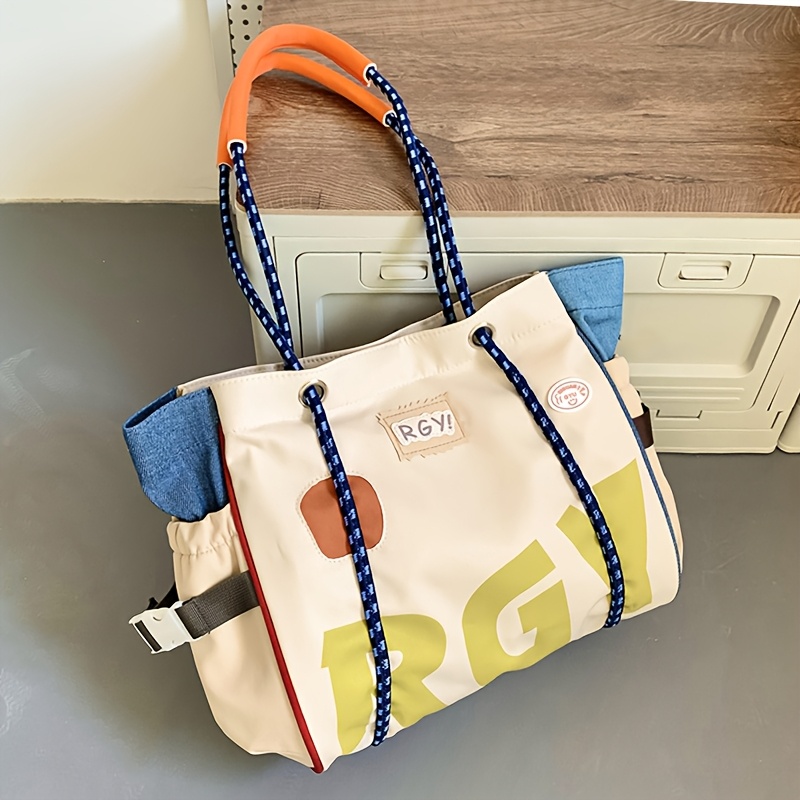 Image of Nylon Casual Color Block Women's Tote Bag With Multiple Pockets, Durable Shoulder Handbag For Use, Suitable For Teenage, College Students, And , Great For Office, Work, Business, Commutin, Oxford