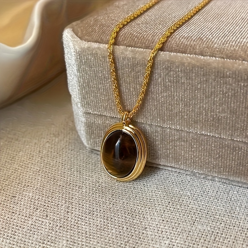 TEMU 1pc 304 Stainless Steel Simple Oval Pendant With Twist Chain, Versatile And Elegant, A Daily Sweater Chain For Autumn And Winter Accessories