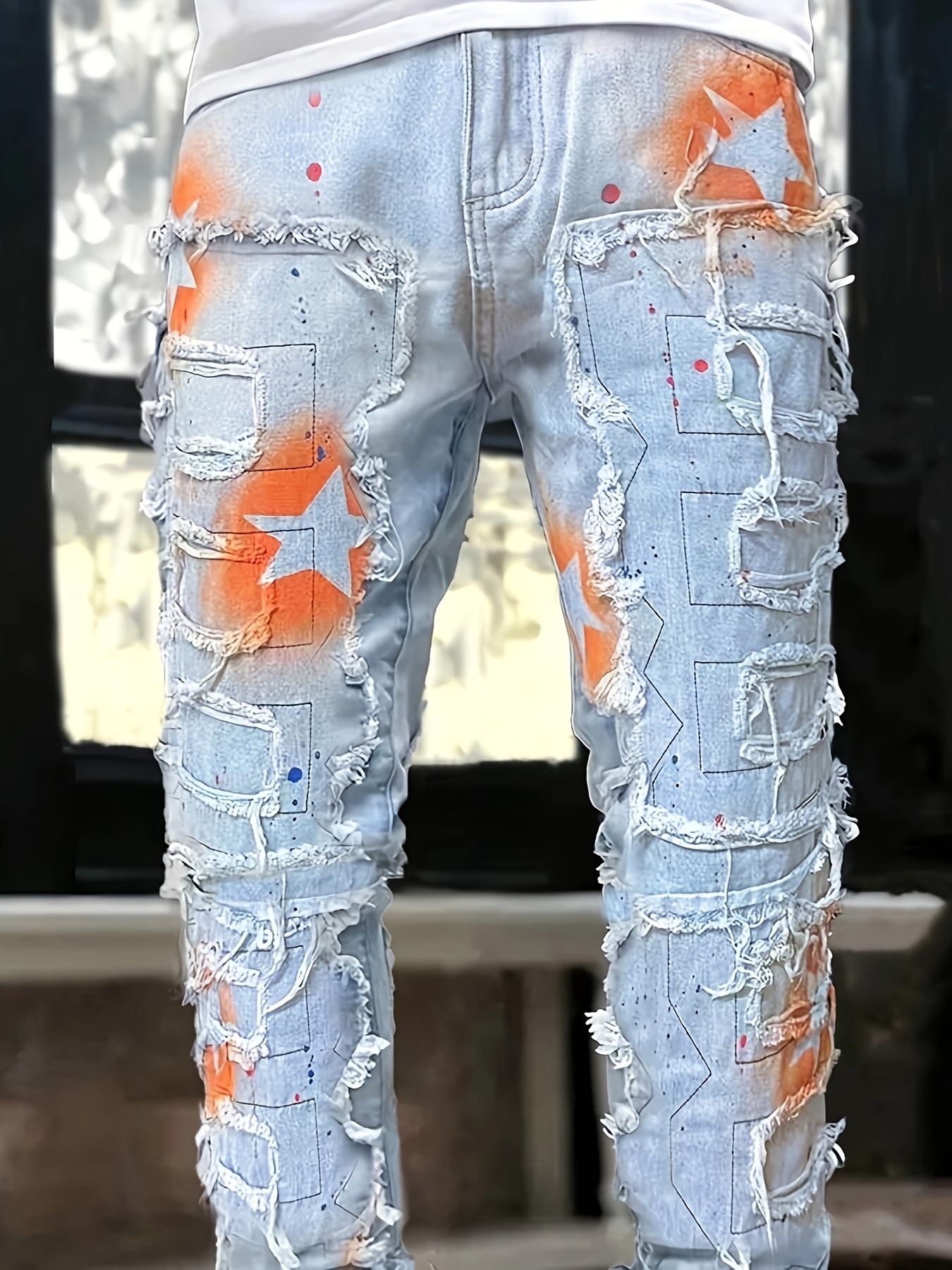Pantalones Pintados Hombre Jeans Florales De Gran Tamaño Para