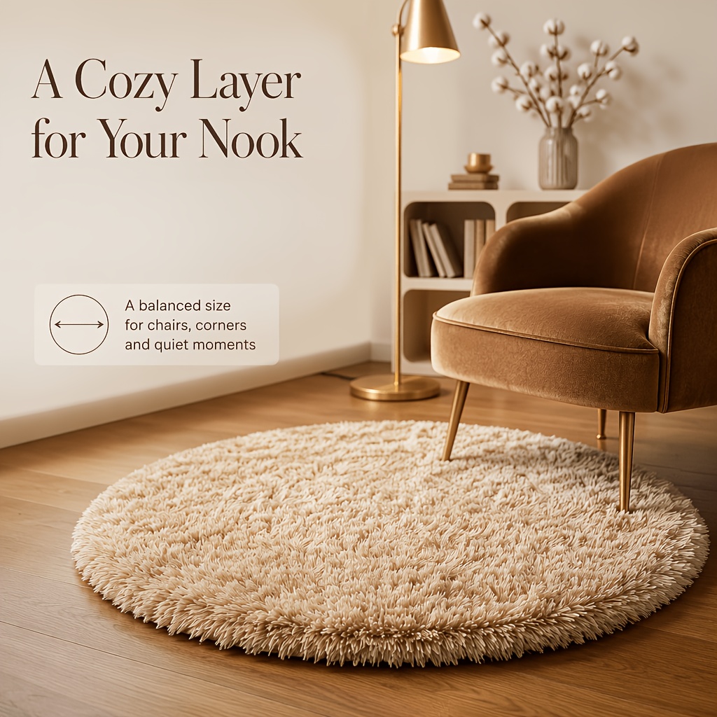 TEMU 1pc Velumis Handmade Camel-colored Plush Rug Suitable For All, Round Long-pile Suitable For Bedroom,,, Room, Hand Washable Shedding-resistant