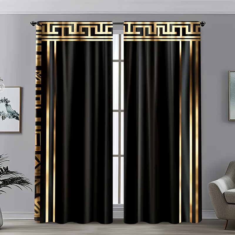 TEMU 2D Plat - Ensemble de 2 pièces imprimées en 2D 21.65X59In/55X150Cm, comprenant 1/2 rideaux géométriques avec un design noir et doré, offrant une