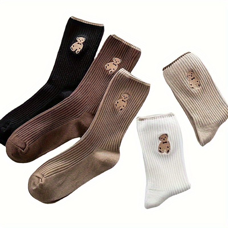 5 Pairs Cute Cartoon Bear Embroidered Crew Socks for Women, Soft Comfortable Breathable Polyester Knit Fabric with Spandex, Casual Sports Short Socks with Hand Wash Instructions