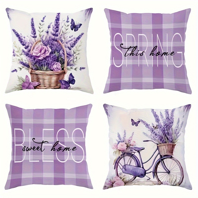 

4-pack Purple Lavender & Bicycle Pattern Throw Pillow Covers, Contemporary Style, Polyester, Zipper Closure, Machine Washable, , Decor, Sofa & Bed Cushion Cases, Multiple Sizes