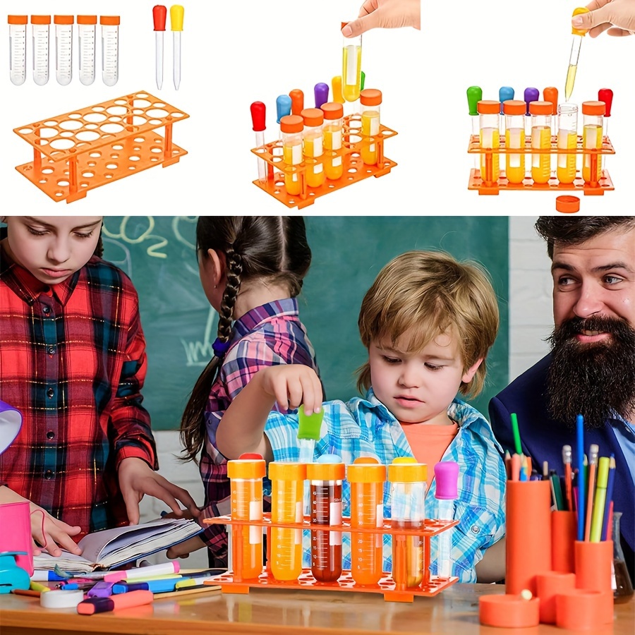 

15-piece Pretend Play Set For Kids - Educational Toy With 5 Large Test Tubes, 6 Silicone , Storage Rack, Plastic Tweezers, Scissors & Stickers - For 3-8