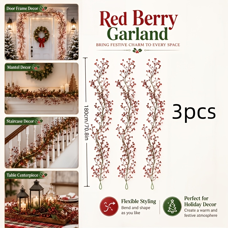 TEMU 3pcs (total Length 540cm/212.5in, Single Length 180cm/70.86in) Simulated Hanging Vines, Artificial Berry Decorative Vines, Realistic Vines For