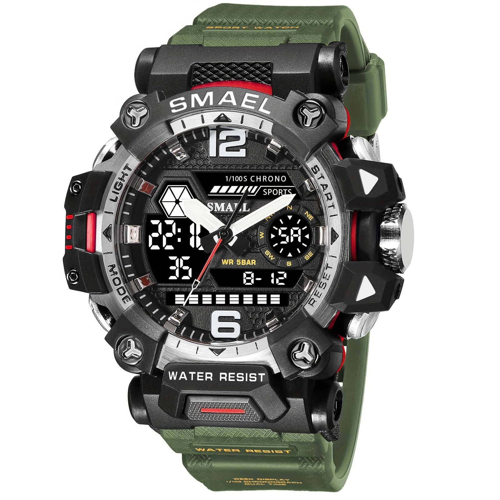 

Smael Tactical Men's Watch - Dual Display, Waterproof Ip68, Stopwatch & Calendar Features, Sporty Design With Durable Tpu Strap