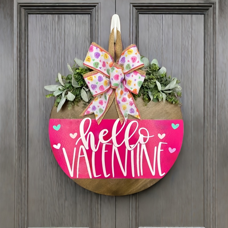 

1pc Valentine's Day Wooden Wreath Sign, Rustic Wood Hello Valentine Wall Hanging With Greenery Accents, Heart Door Decor For Outdoor Display