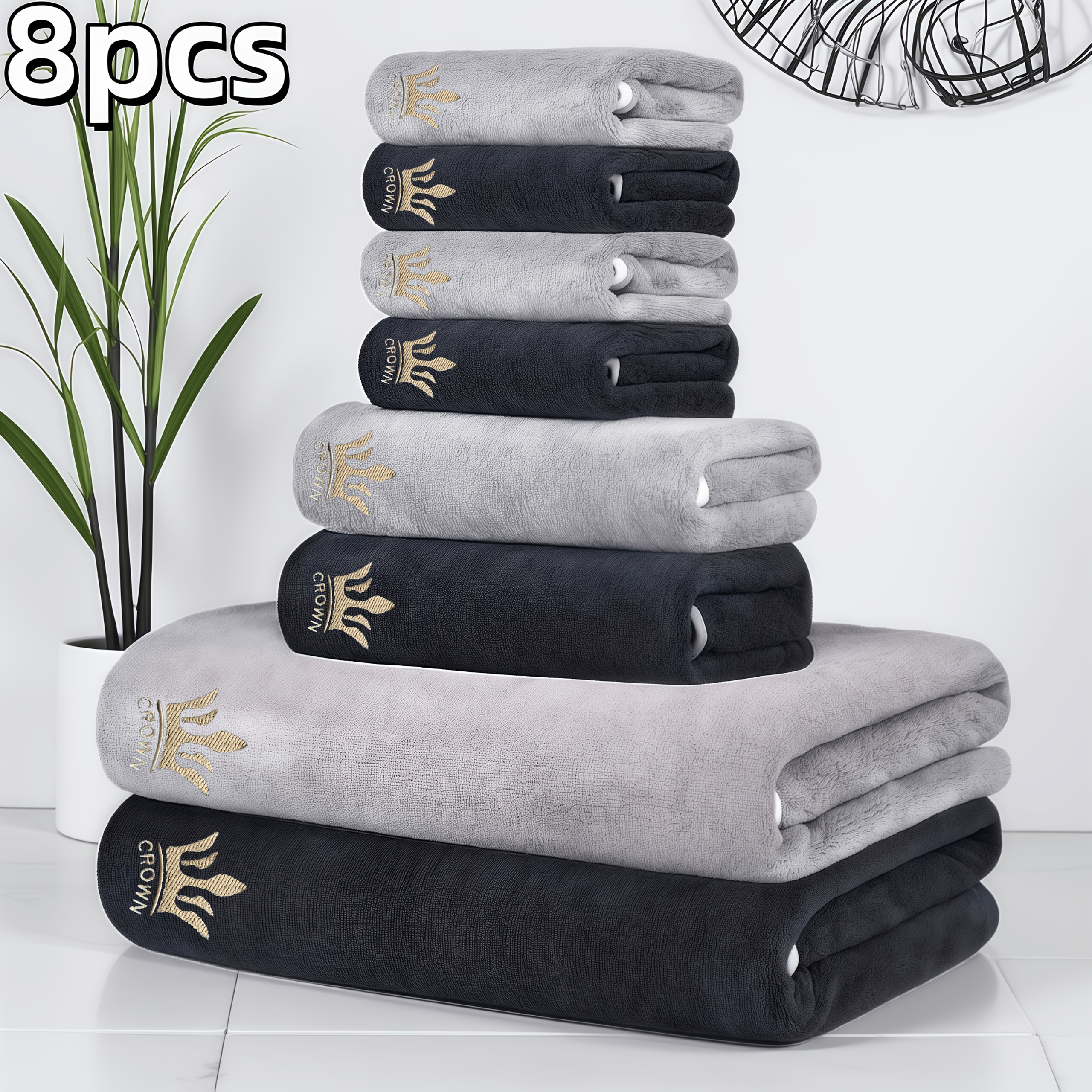 8pcs Ultra-Soft Coral Set with Crown Embroidery, 2pcs 70 x 140cm Towels, 2pcs 42 x 70cm Hand Towels