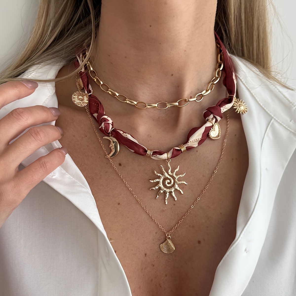 TEMU 3pcs Bohemian Jewelry & Scarf Necklace Multi-pendant Suitable For Women' Wear, Beach Vacation With Moon Star Heart Sun Charms, Travel Necklace