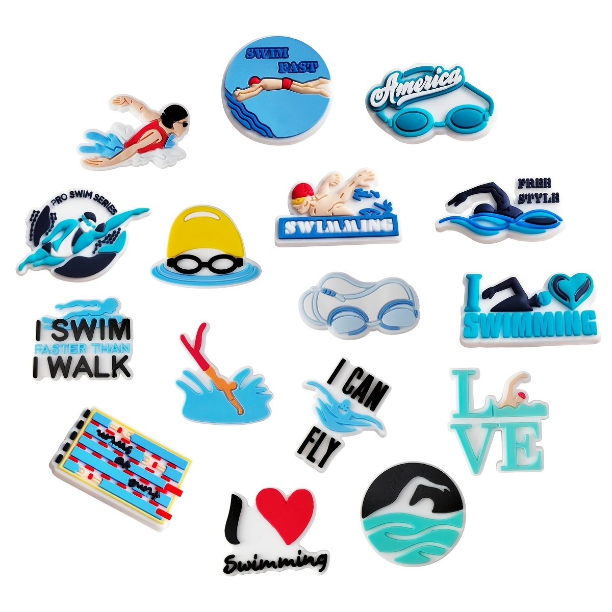 

16pcs Pvc Swim Shoe Charms Set, , Waterproof, , With Sports-themed Accessories For Men, Women, And Teens