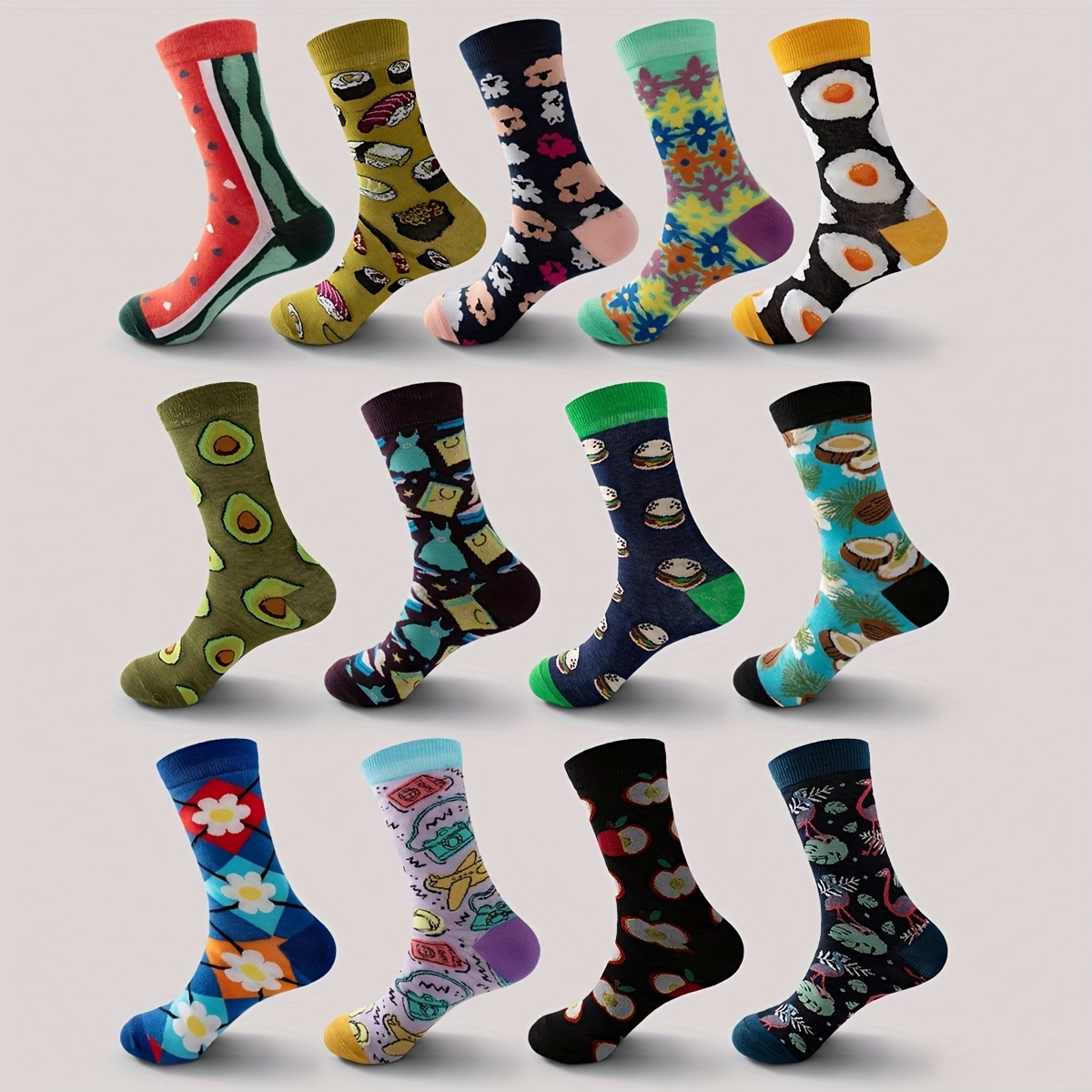 

5pcs Men's Mid-calf Trendy Socks - Soft & Comfortable, Food & Floral Patterns, Casual Style, Polyester & Spandex , Random Assorted Colors