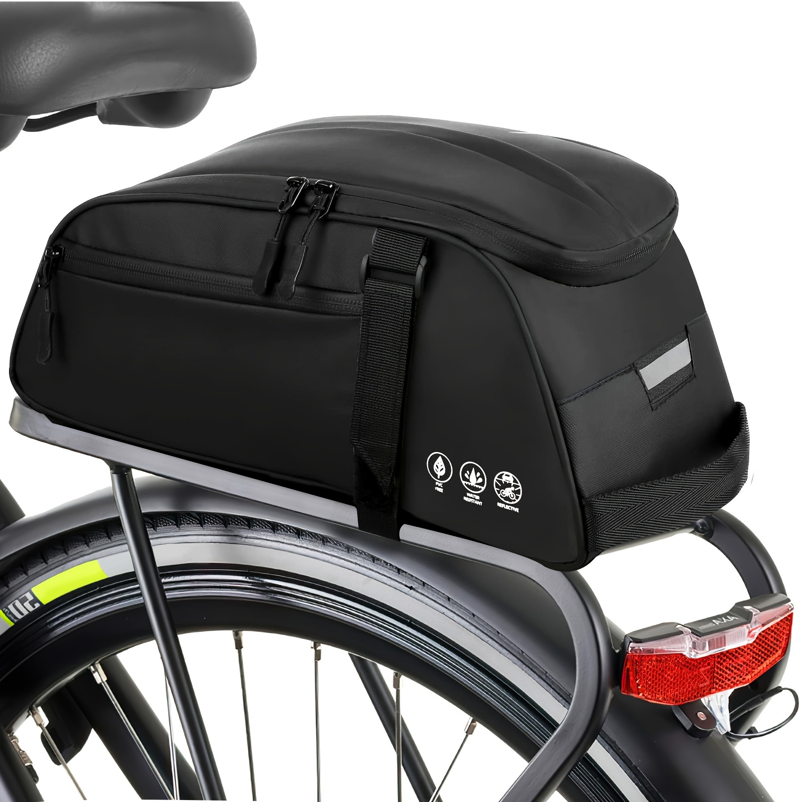 

8l Reflective Rear Rack Bag, Water Resistant Bike Panniers, Fabric, Detachable Shoulder Strap, Black, For Travel , Outdoor Cycling Equipment Storage Pouch