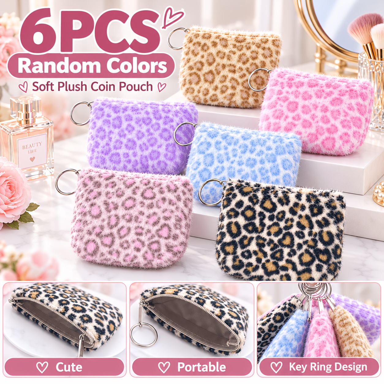 TEMU Lot de 6 porte-monnaie en peluche avec motif léopard et porte-clés, sacs à monnaie à fermeture éclair, mini portefeuilles portables, rangement