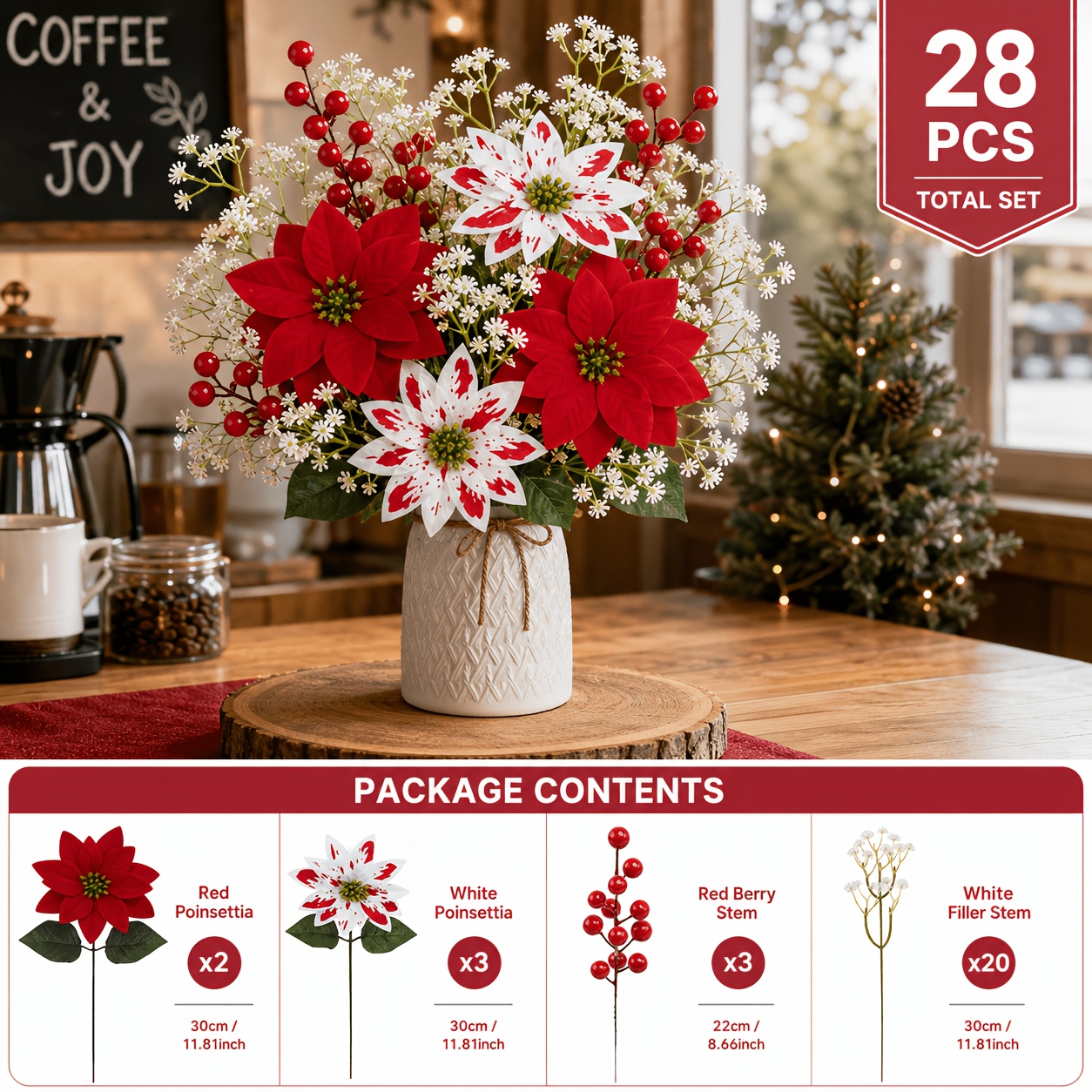 TEMU Ensemble de 28 pièces d'arrangement floral artificiel de poinsettias rouges et blancs avec , poinsettias de Noël rouges et poinsettias blancs à