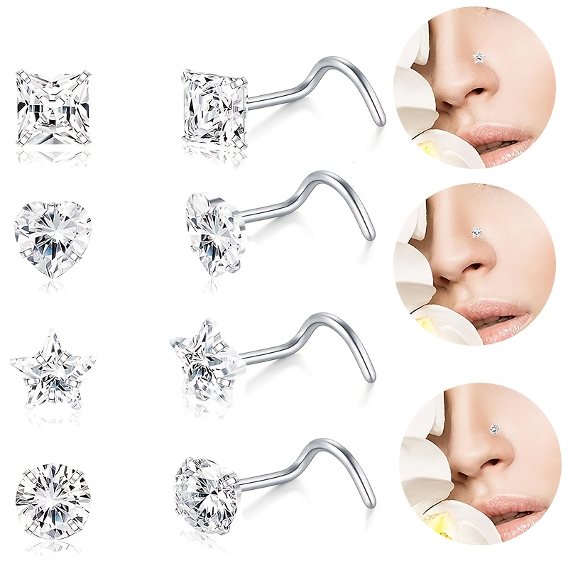 TEMU 4pcs Set Of Elegant, Luxurious And Design Women' Steel Nose Stud Jewelry, Inlaid With Shiny Synthetic Zirconia Embellishments, L, S, I-shaped
