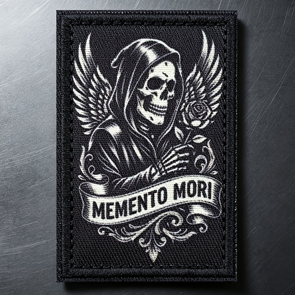 TEMU Gothic Winged Reaper Hook Loop Patch - Black & White With Rose Embroidered Badge, Hook-and-loop Suitable For Vests, Backpacks, Jackets, Tactical