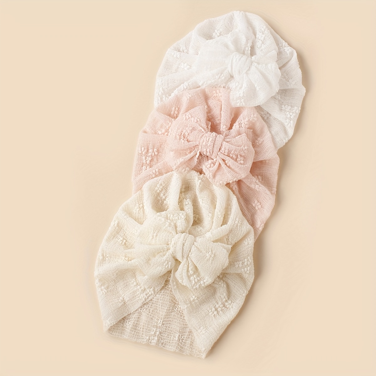 3pcs Solid Color Embroidered Mesh Bow Hats, Baby Summer Soft Breathable Pullover Hats, Children's Cute Double-layer Bow Headwear