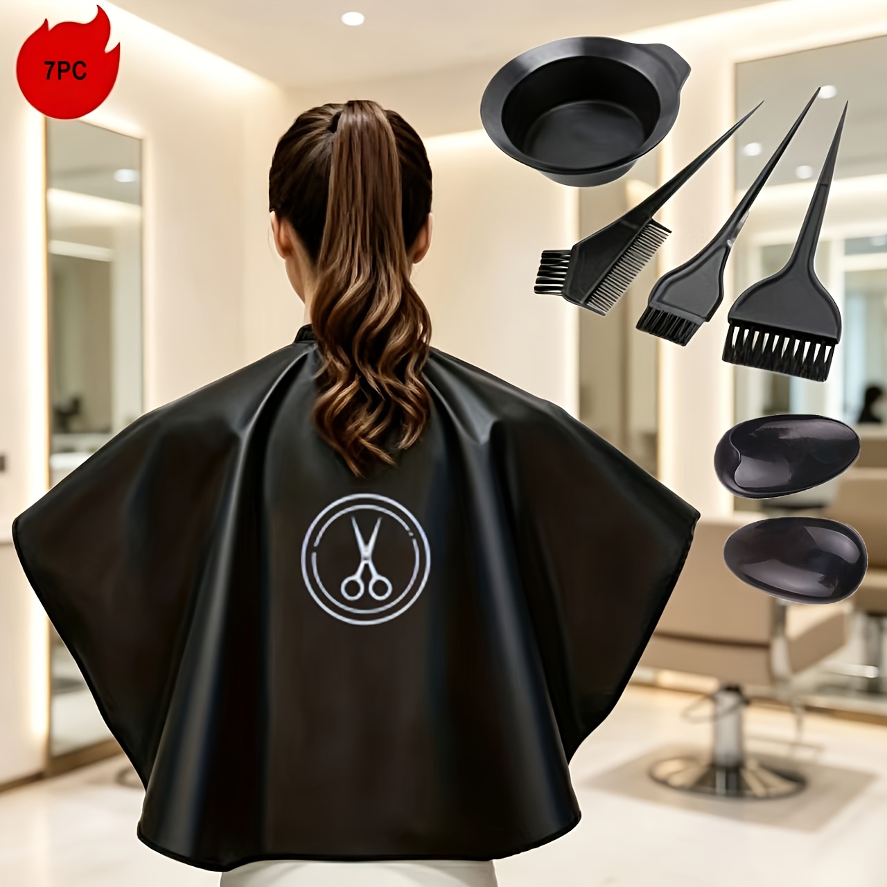 TEMU 7pcs Hikeiyu Professional Hair Dye Kit With Black Dye Bowl, Brush, Ear Covers & Cape - Complete Salon & Home Hair Coloring System Suitable For