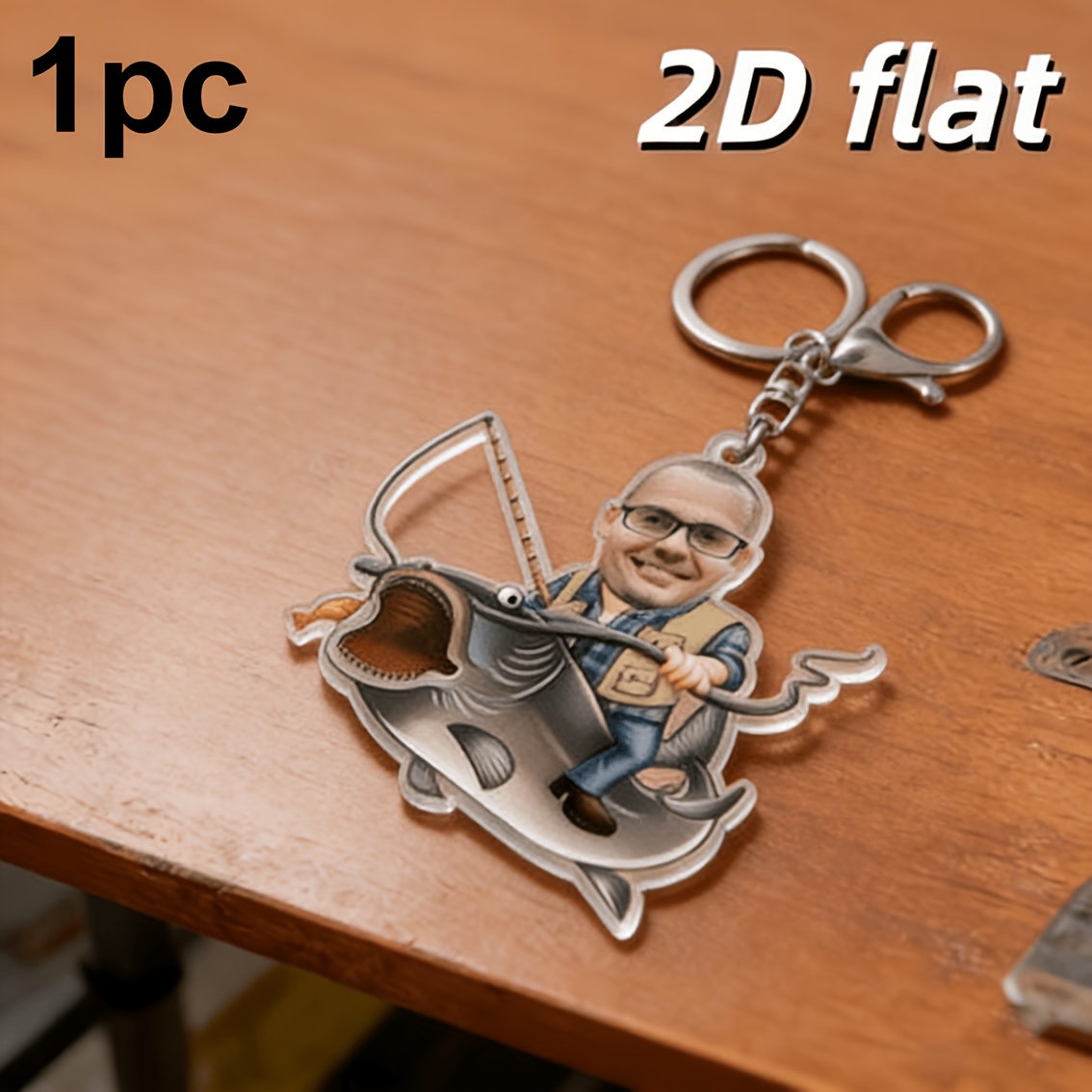 TEMU 2D Plat, Aangepaste 2D Platte Visserscartoon Fotodecoratie, Gepersonaliseerde Exclusieve Sleutelhanger, Vakantie- & Jubileumcadeau voor Familie,