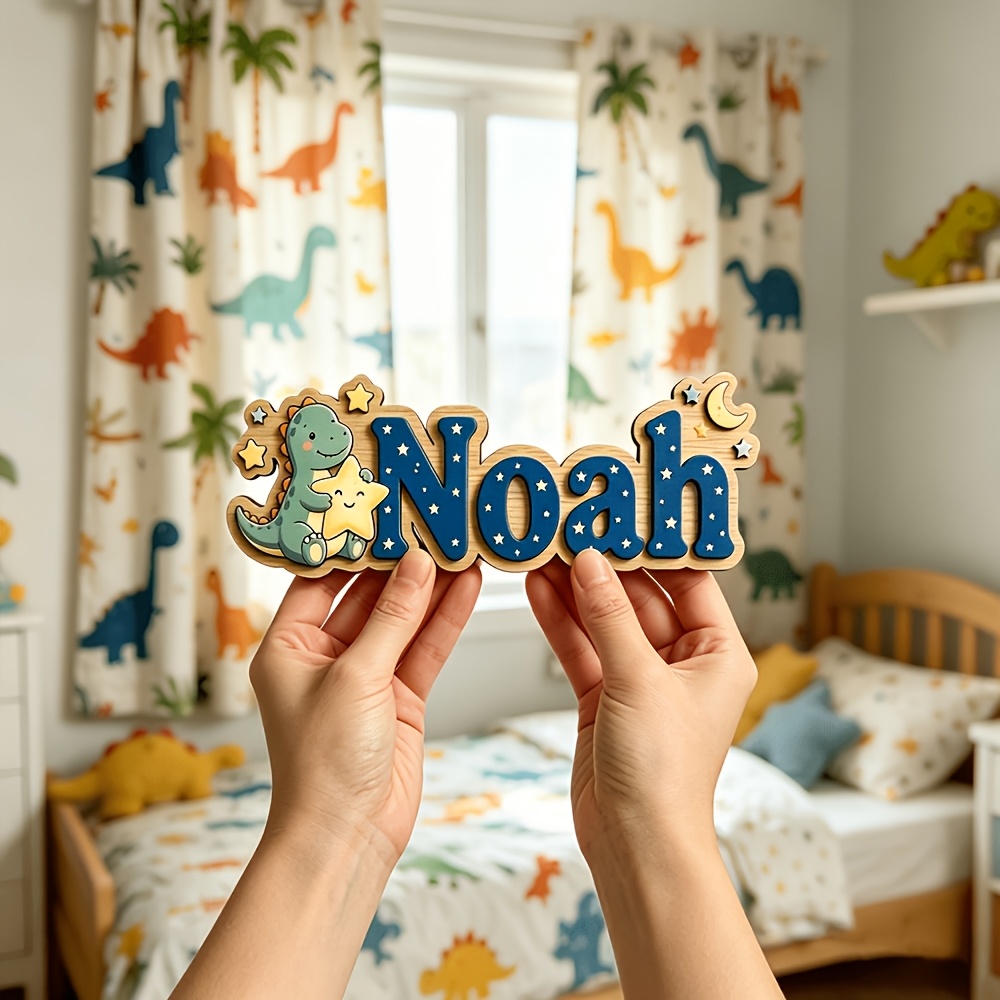 Custom 25Cm Noah's Ark Dinosaur Starry Night Wooden Plaque