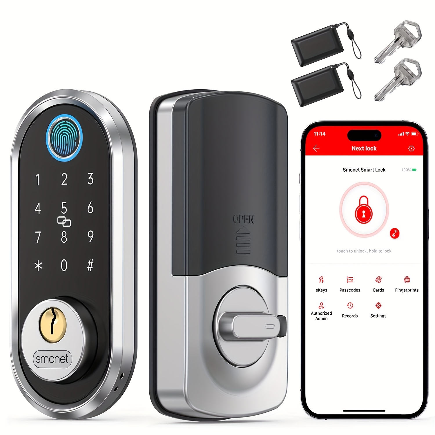 TEMU SMONET Serrure de porte intelligente clé - Serrure de sûreté électronique à digitale, écran tactile, clavier à code numérique biométrique,