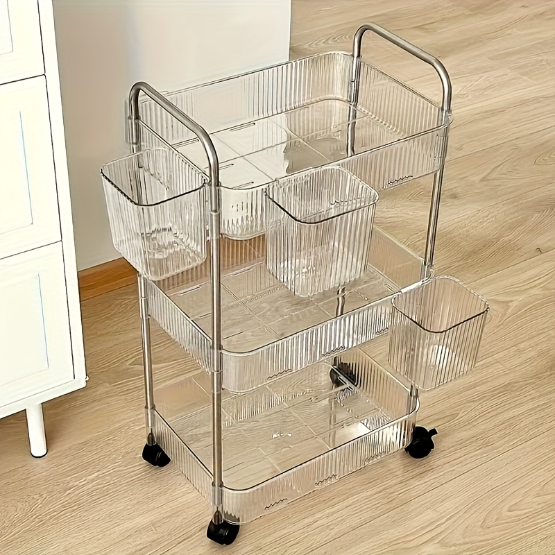 TEMU 3-tier Office Storage Acrylic Storage Cart, Suitable For Bathroom, Kitchen, And Living Room | Transparent Tissue Box, With 360° Rotating Storage
