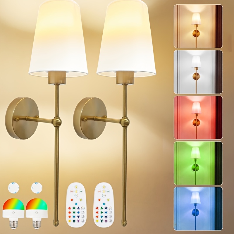 TEMU Battery-powered Wall Lamp Set, Rechargeable Wireless Wall Lamps With 2000mah Adjustable Bulb And Remote Control, 12 Color In Black And Golden
