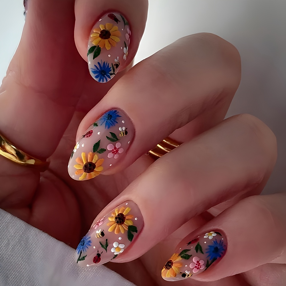 TEMU 24pcs Faux Ongles Amandes Courtes à Pression pour Femmes - Faux Ongles Français Brillants avec Paillettes, Extensions Multicolores, Application