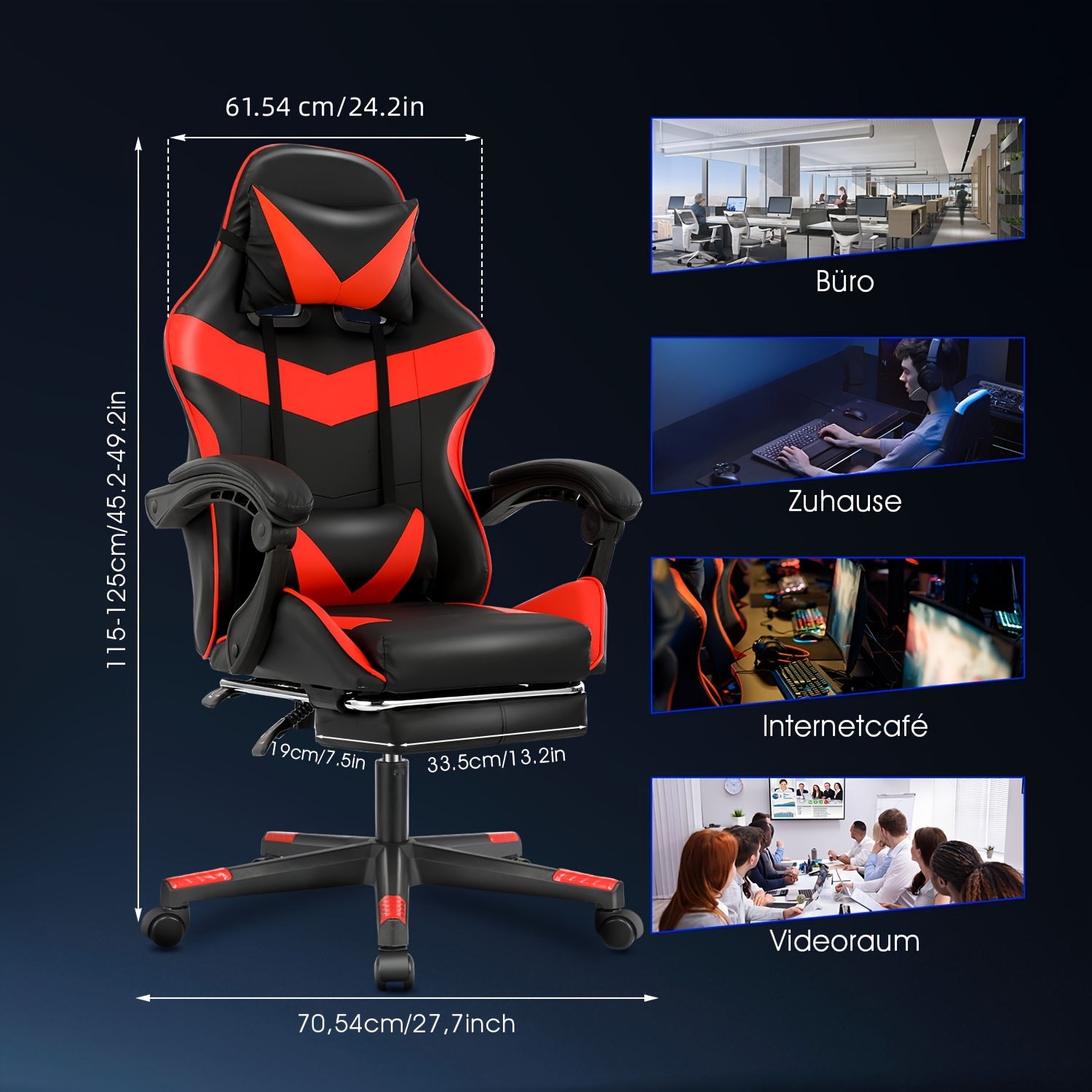 E-shop Gaming-Stuhl mit Fußstütze, ergonomischer Gaming-Stuhl, Computerstuhl mit Lordosenstütze, Kopfstütze, höhenverstellbarer PC-Stuhl mit