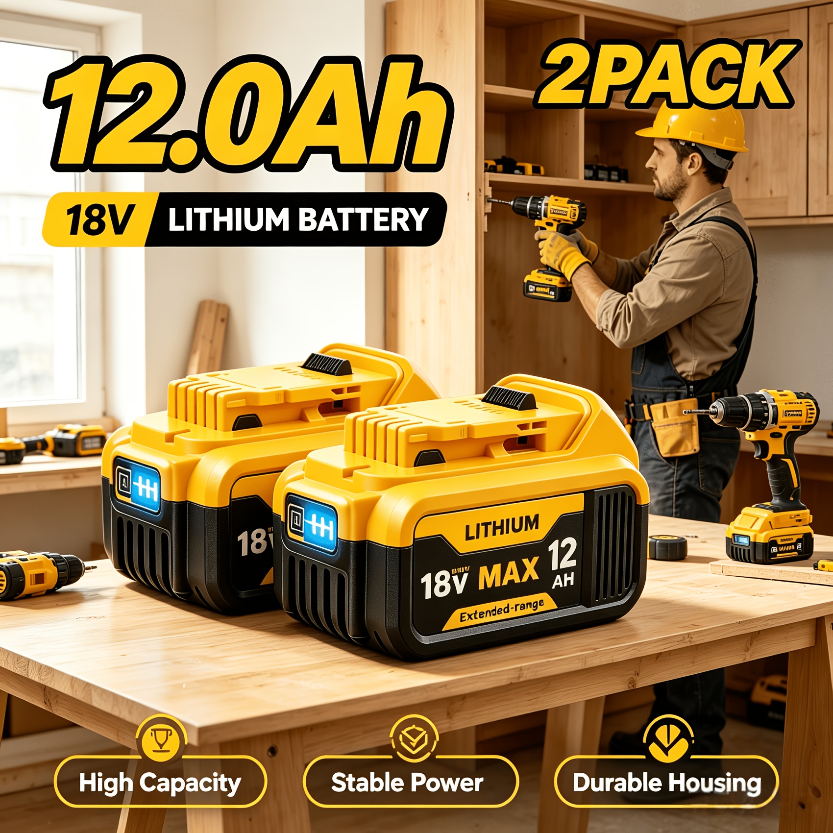 TEMU 2 Packs-18v 12.0ah Replacement For 18v 8000mah For Xr Lithium-ion Batteries Dcb185 Dcb186 Dcb187 Dcb181 Dcb200 Dcb180 Dcd/dcf/dcg Series Power