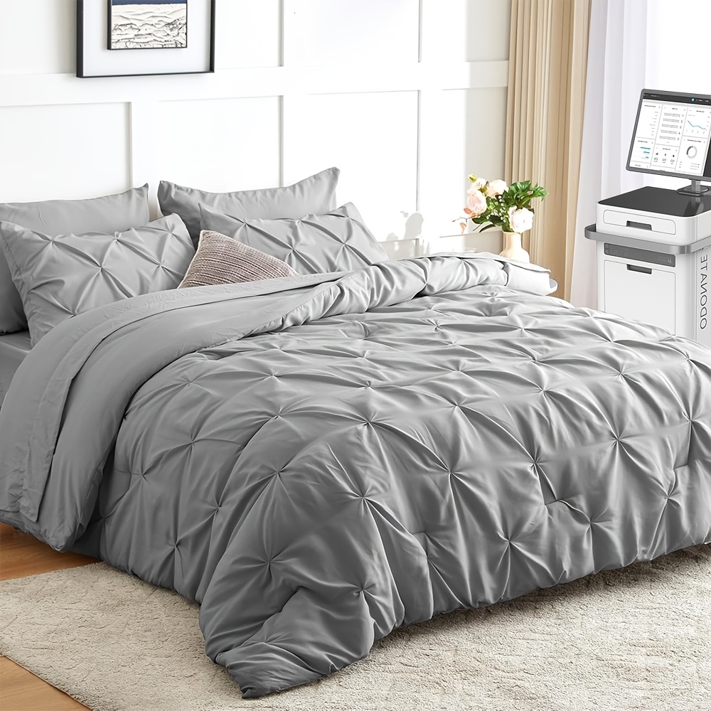 

Queen/king Size Comforter Set 7pcs, Pintuck Light Gray Bed In A Bag Comforter Set For Bedroom, Beddding Sets With Comforter, Sheets, Shams & Pillowcases Christmas Gifts