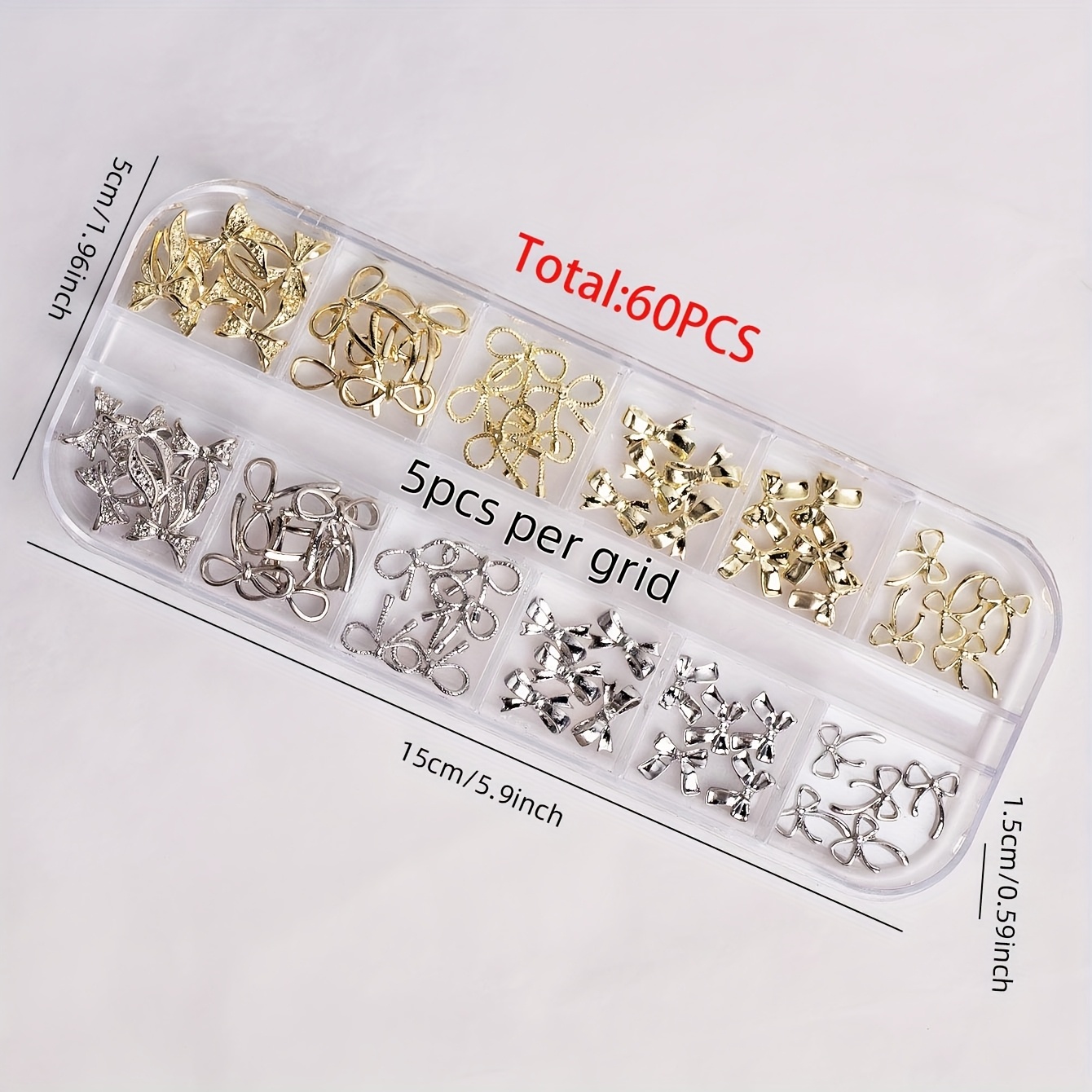 12-grid 60pcs 3d Metal Alloy Bow For Nail Art Additions, 3d For Nail Bows, Cute Silvery And Golden Alloy Decorations, Ribbon Bows, Y2k For Nail Rhinestone Embellishments, For Nail Supplies